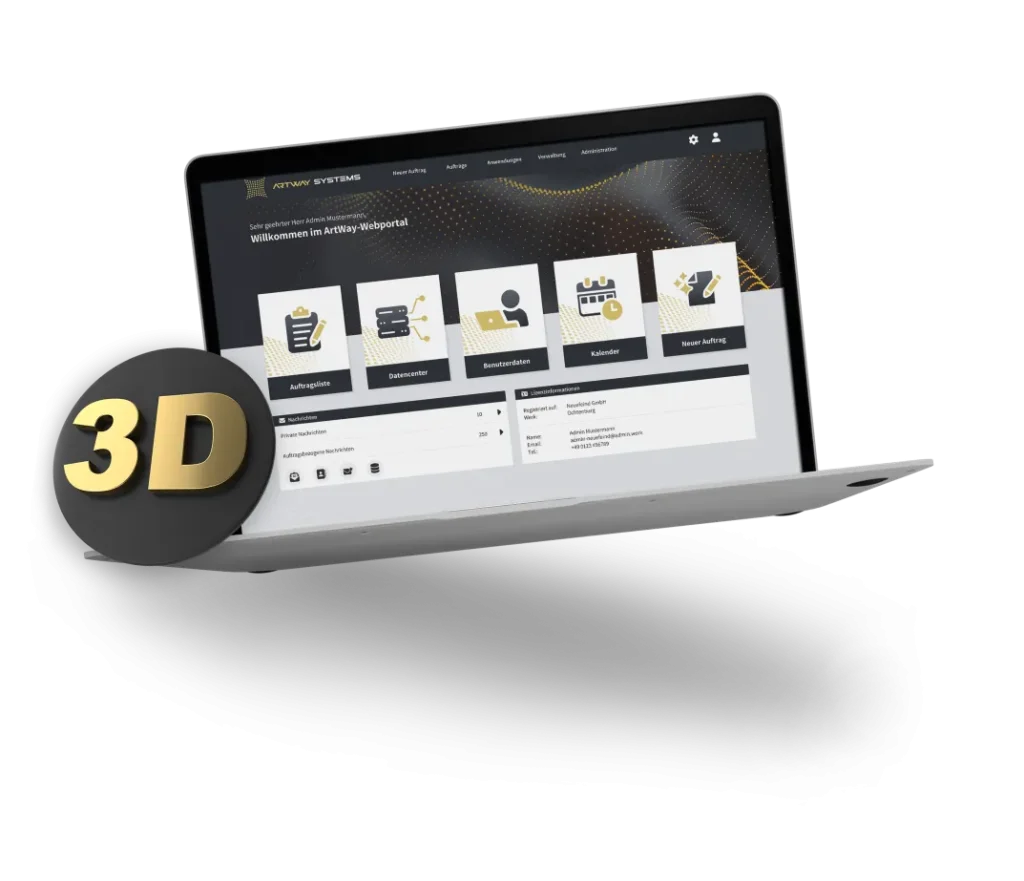 Ein Aufgeklappter Laptop mit der Benutzeroberfläche der ArtWay Systems Software. Davor steht ein Kreis mit der Aufschrift 3D