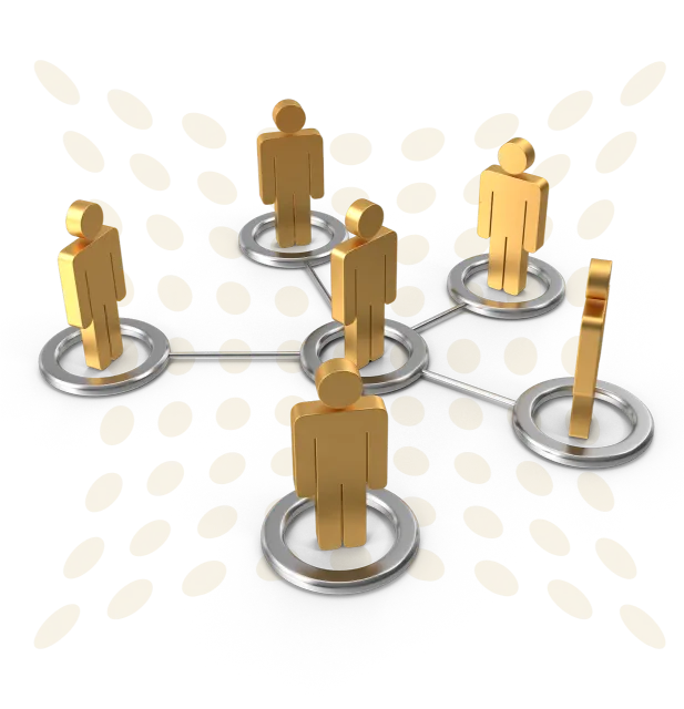 Eine futuristische Grafik mit 6 Personensymbolen die miteinander vernetzt sind.